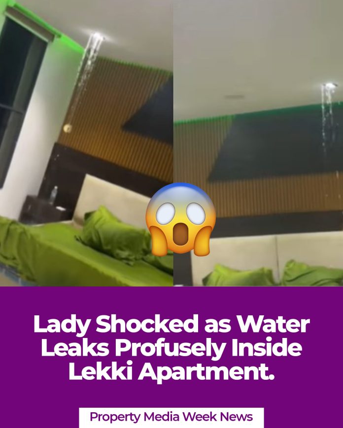 Lady Shocked as Water Leaks Profusely Inside Lekki Apartment
