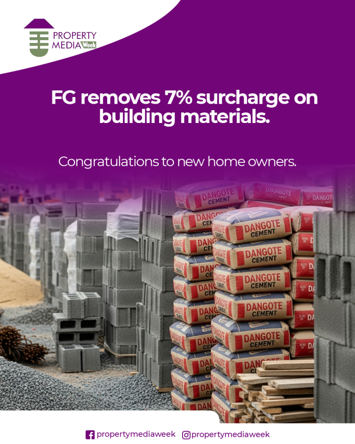 “Construction site in Nigeria with building materials – highlighting the Federal Government’s removal of the 7% surcharge to reduce housing costs and boost affordable real estate.”